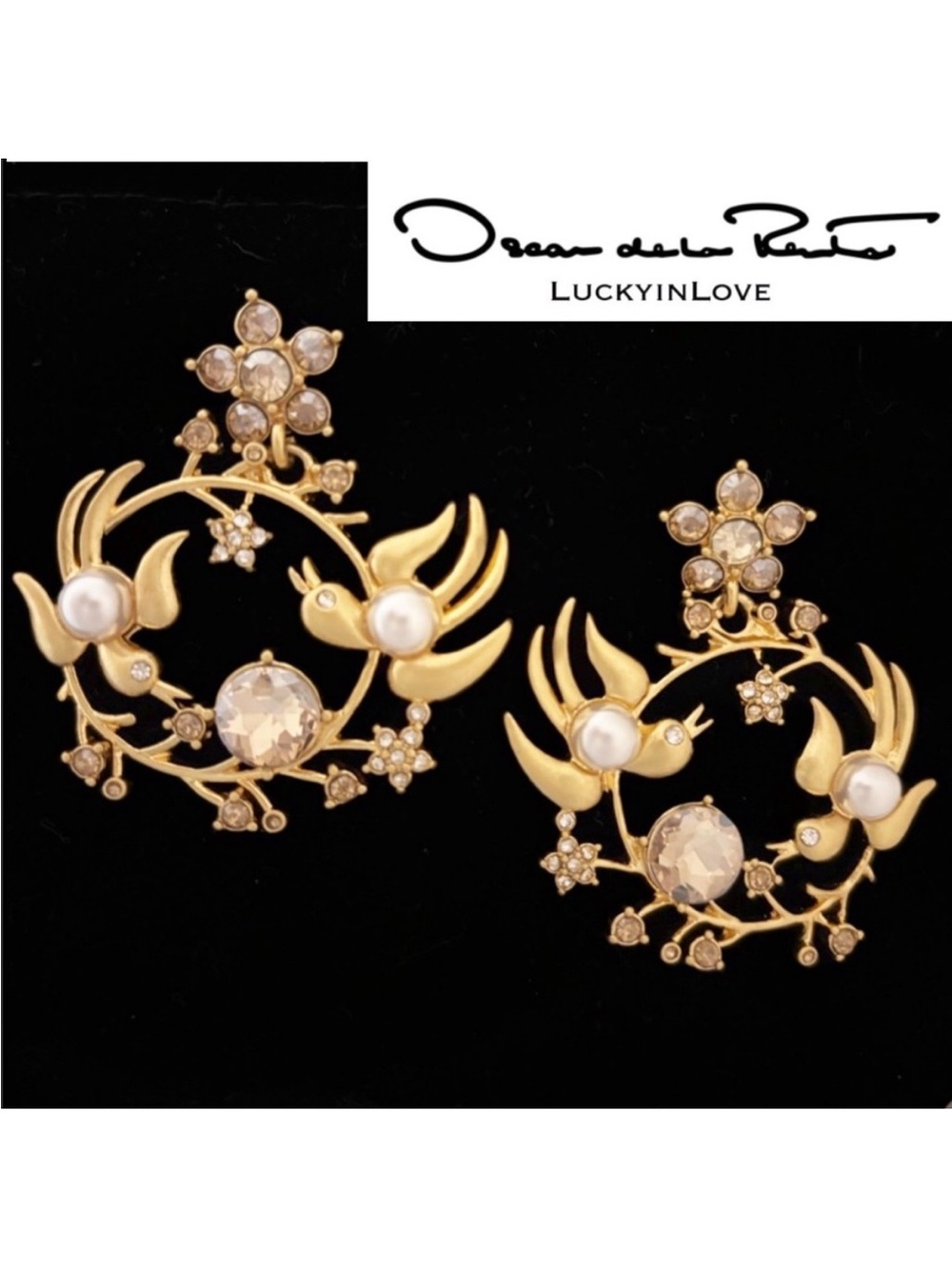 Oscar de la Renta •Bird Flower Wreath Hoop Drop Earrings